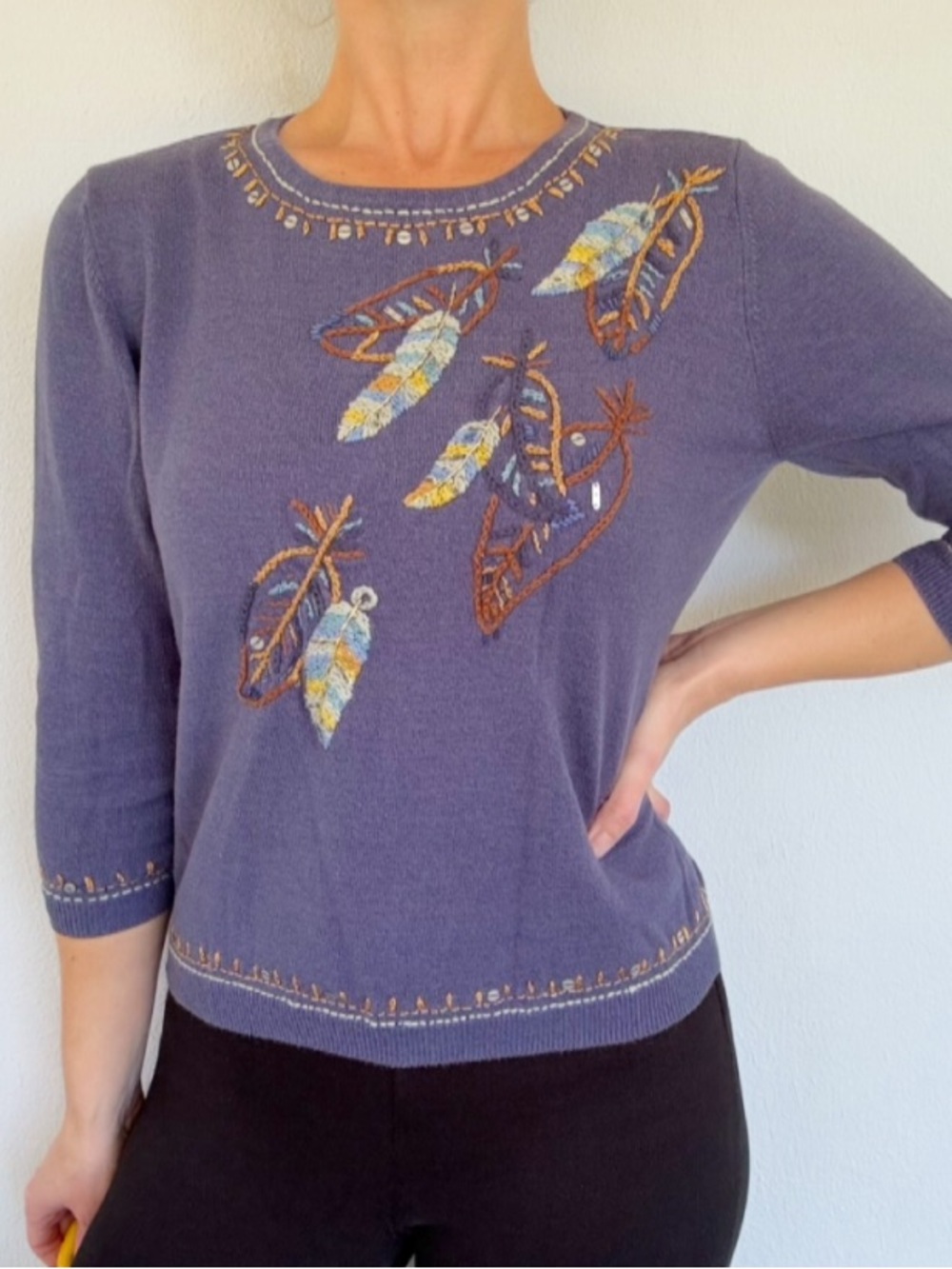 Alfred Dunner Petite blue feather leaf embroidered cotton sweater size medium